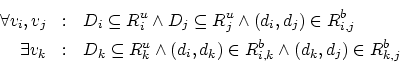 \begin{eqnarray*}
\forall v_i,v_j & : & D_i \subseteq R_i^u \wedge D_j \subseteq...
...^u \wedge (d_i,d_k) \in R_{i,k}^b \wedge (d_k,d_j) \in R_{k,j}^b
\end{eqnarray*}